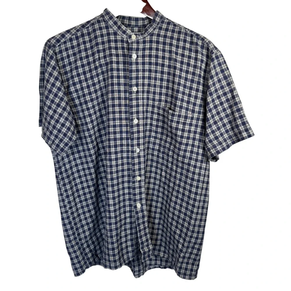 Vintage Cool Blues Mens Size Large Gingham Plaid‎ Shirt Linen Blend Casual Top